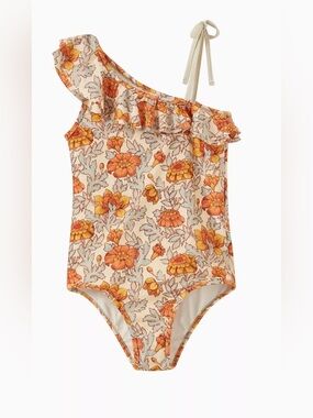 Zimmermann One-Shoulder Floral Girls' Swimsuit in Cream and Orange - size 6
